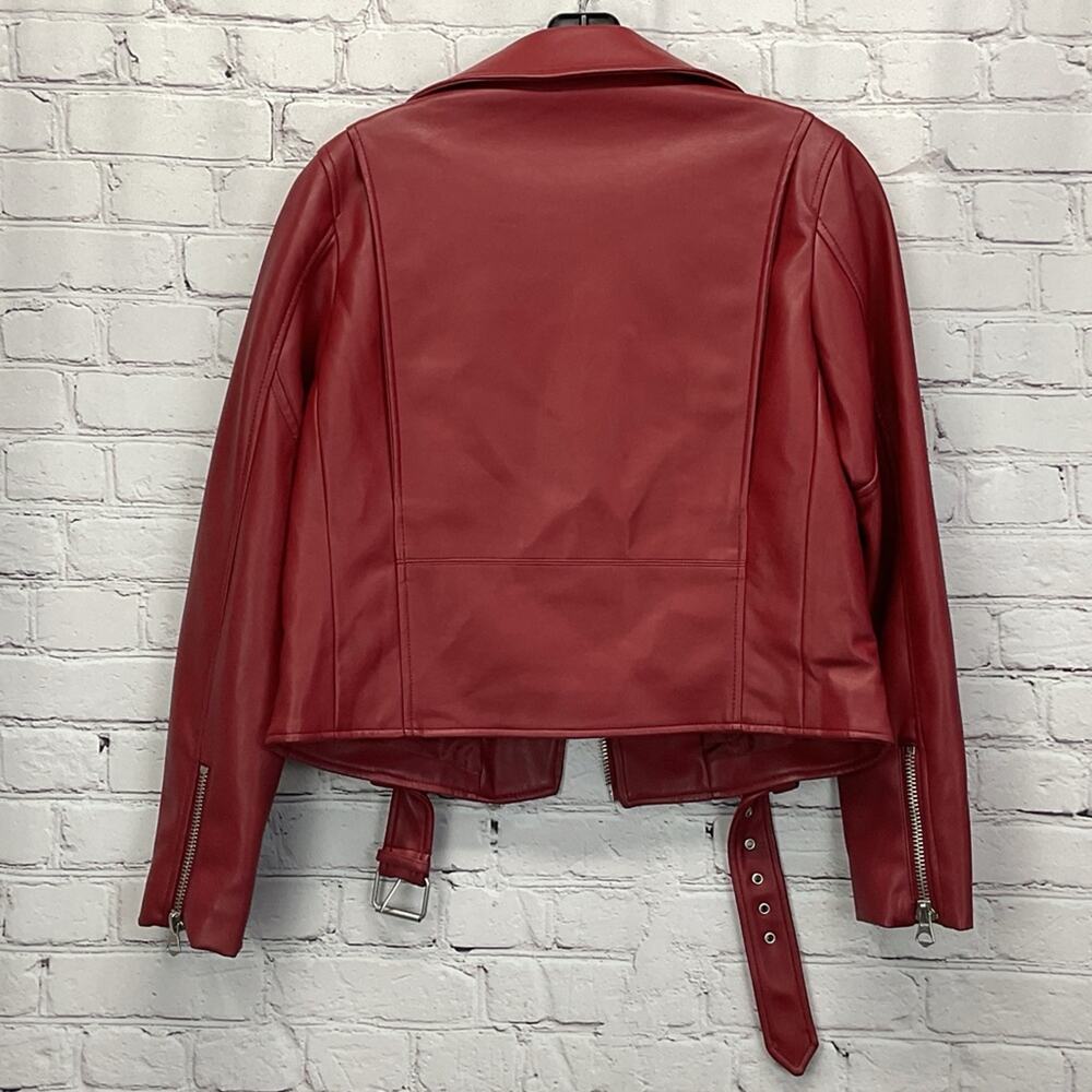 Zara Faux Leather Zip Moto Jacket Women's M Burgandy Belted Bikercore Pockets - Picture 4 of 9